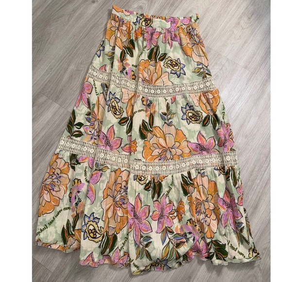 Z&L Europe Women Tropical Floral Crochet Lace Tiered Maxi Skirt Green Orange L - Picture 5 of 6